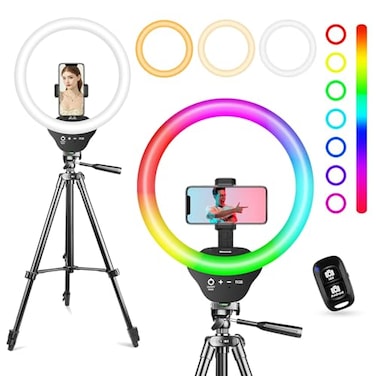 Sensyne 10 RGB Ring Light with 50 Extendable Tripod Stand Circle Lights with Phone Holder for Live StreamMakeupYouTube VideoTikTok Compatible with All Phones
