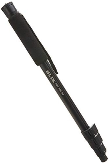 SLIK Monopod 350 Black Anodized Aluminum Construction 62 Tall 618350 Folds Down to 20 Weighs 11oz Supports 11lbs Soft Foam Wrapped Grip Lever Locks