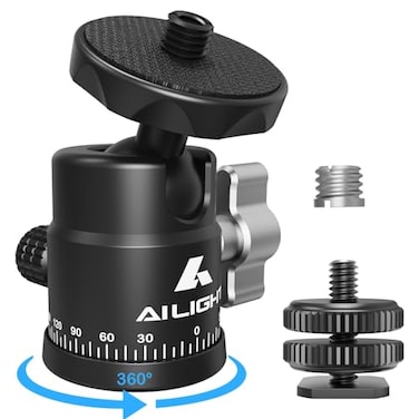 Ailight Mini Ball Head 360 Panoramic Tripod Head Universal 14 to 38 Screw Adapter Swivel Ball Head Tripod Mount Dual Cold Shoe Mount for DSLR Cameras Camcorder Light Photograph Accessories