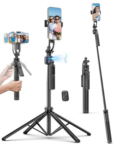 QIRITA 64 Auto Face Tracking Tripod 360 Rotation Aluminum Quadrapod Selfie Stick with Remote Phone Tripod Compatible with iPhone Android for Vlog TikTok Live Streaming
