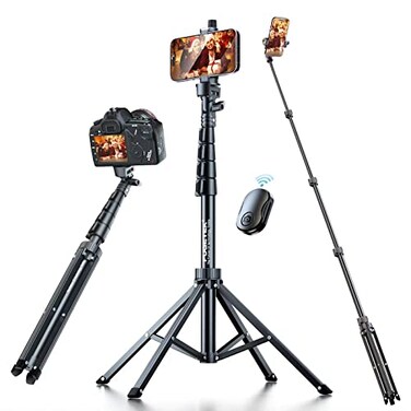 Fugetek 62 Selfie Stick Tripod for iPhone Stable 4 Leg Design Bluetooth Remote Aluminum Stick Legs Lightweight Portable All in One Compatible with iPhone Android Non Skid Feet