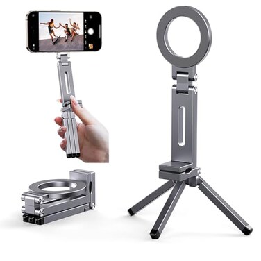 Chapter Seven Magnetic Pocket Tripod for MagSafeFoldable Multifunctional Airplane Phone Holder Desk StandPortable Handheld Travel Photography Standwith Universal Fit with Metal Ring Gray
