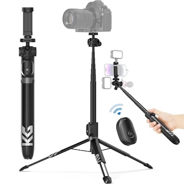 KraftGeek Vlogging Tripod for Phone and Camera 60 Tripod Stand for iPhone and Android with 3 Cold Shoes for Light and Microphone Both are not Included Selfie Stick with Remote for Video Recording