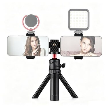 Andoer Multifunctional Smartphone Video Kit Including Universal Phone Tripod Mount with Dual Phone Holders 4 Cold Shoe Mounts Desktop Tripod for Vlog Live Streaming Oline Video Teaching Meeting