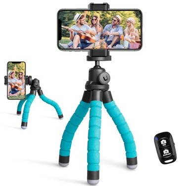 Ubeesize Portable Tripod Stand with Wireless Remote Clip Flexible Phone Holder for Video Recording Blue