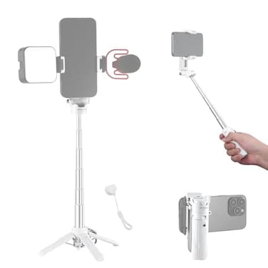 NEEWER Selfie Stick with Detachable Bluetooth Remote Shutter Lightweight Foldable Travel Tripod for iPhone for YouTubeTikTok Vlogs Live Streaming Photography White P15