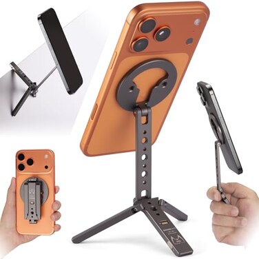 SHINEWEE UltraCompact Magnetic Tripod for iPhone Foldable Hook Design 20 N52 Magnets Cold Shoe 14 Screw Phone Stand for iPhone 1217 MagSafe Devices