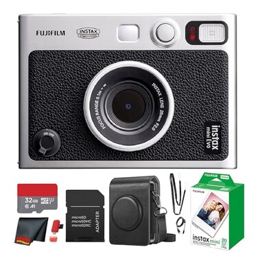 Fujifilm Instax Mini EVO Hybrid Instant Camera Black Bundle with InstaxMini Twin Pack InstantFilm 20 Sheets 32GB Memory Card Vintage Black MiniEvo Camera Case Cleaning Cloth