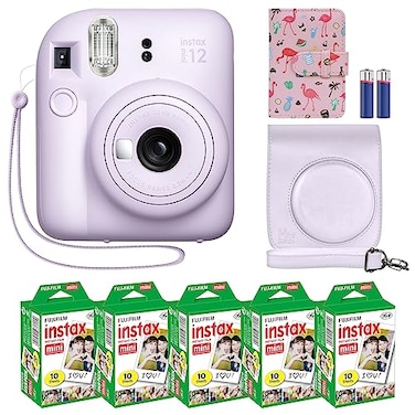 Fujifilm Instax Mini 12 Instant Camera MiniMate Accessory Bundle Compatible Custom Case Fuji Instax Film Value Pack 50 Sheets Flamingo Designer Photo Album Lilac Purple