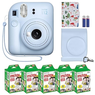 Fujifilm Instax Mini 12 Instant Camera MiniMate Accessory Bundle Compatible Custom Case Fuji Instax Film Value Pack 50 Sheets Flamingo Designer Photo Album Pastel Blue