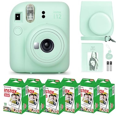 Fujifilm Instax Mini 12 Instant Camera Mint Green and Fuji Film Value Pack 60 Sheets Bundle with Sturdy Tiger Accessories Carrying Case Photo Album 64 Pockets