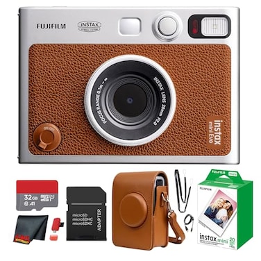 Fujifilm Instax Mini EVO Hybrid Instant Camera Brown Bundle with InstaxMini Twin Pack InstantFilm 20 Sheets 32GB Memory Card Vintage Brown MiniEvo Camera Case Cleaning Cloth