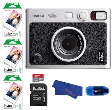 Fujifilm INSTAX MINI EVO Hybrid Instant Camera Black Bundle Includes 60 INSTAX Mini Film 60 Exposures SanDisk 32GB MicroSDHC Memory Card and More 5 Items