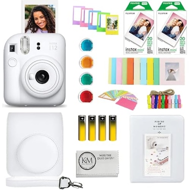 FUJIFILM INSTAX Mini 12 Instant Film Camera Clay White Bundled with INSTAX Mini Instant Film 40 Exposures Instax Accessory Bundle AA Batteries Cleaning Cloth 10 Items