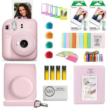 FUJIFILM INSTAX Mini 12 Instant Film Camera Blossom Pink Bundled with INSTAX Mini Instant Film 40 Exposures Instax Accessory Bundle AA Batteries Cleaning Cloth 10 Items