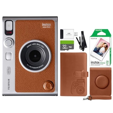 FUJIFILM INSTAX Mini EVO Hybrid Instant Camera Fuji Instax Film 20 Sheet Custom Case Album 32GB Accessory Bundle Brown