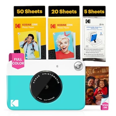 Kodak Printomatic FullColor Instant Print Digital Camera 75 Sheets Bundle Prints On Zink 2x3 StickyBack Photo Paper 5MP Portable Creative Fun Gift for Birthday Christmas Holiday Blue