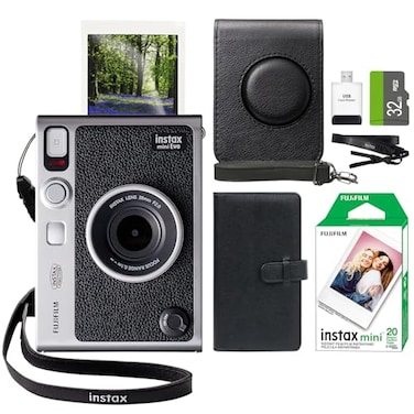 FUJIFILM INSTAX Mini EVO Hybrid Instant Camera Fuji Instax Film 20 Sheet Custom Case Album 32GB Accessory Bundle Black