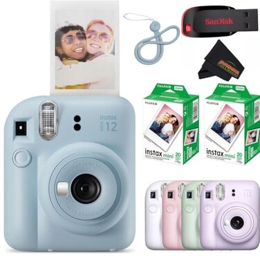 Fujifilm Instax Mini 12 Instant Camera Pastel Blue with Sandisk 32 GB USB Flash Drive 40 Sheets Fujifilm Instax Mini Film and Sunshine Photo Microfiber Cleaning Cloth Bundle