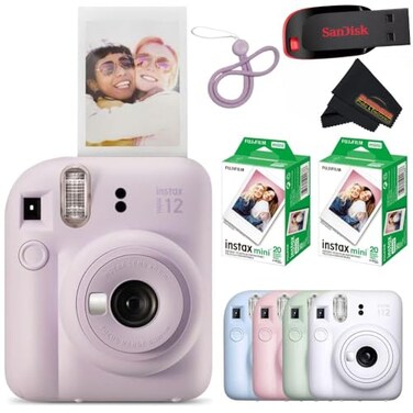 Fujifilm Instax Mini 12 Instant Camera Lilac Purple with Sandisk 32 GB USB Flash Drive 40 Sheets Fujifilm Instax Mini Film Bundle Sunshine Photo Microfiber Cleaning Cloth Included