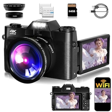 SMARTKLIK Camera Digital 75MP WiFi 4K Vlogging Video Camera for YouTube with 3 180Flip Screen 64GB SD Card AntiShake 2 Batteries Digital Camera for Vlogging Photography for Beginner Black