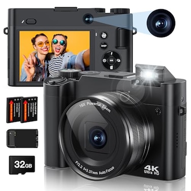 Zostuic 4K Digital Camera 64MP Rear and Front Camera for Photography and Video Autofocus AntiShake 3 Selfie Flip Vlogging Camera with Ultra Bright Flash Camera with Dial 16X Zoom 2 BatteriesCharger