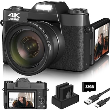 VETEK 4K Digital Camera for YouTube Vlogging 56MP 16X Zoom Manual Focus Compact Photography Camera With 52mm WideAngle Macro Lens 32G TF Card and 2 Batteries Black