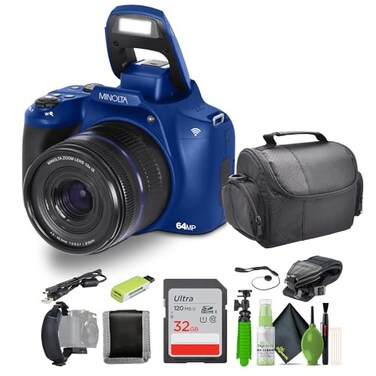 Minolta 64 Mega Pixels Auto Focus Digital Camera with 10x Optical Zoom 4K Ultra HD Video and Macro Shooting Bundle with 32 GB Memory Card Vlogging Tripod Cleaning kit More Accessories Blue