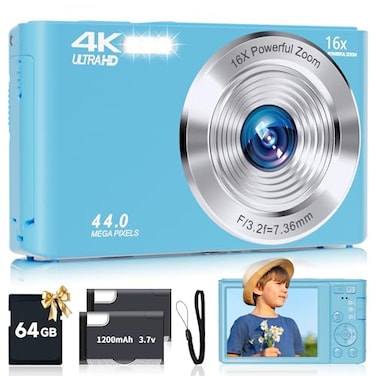 SMARTKLIK Digital Camera for Teens FHD 4K 44MP with 64GB SD Card 16X Digital Zoom Compact Point Shoot Camera Blue
