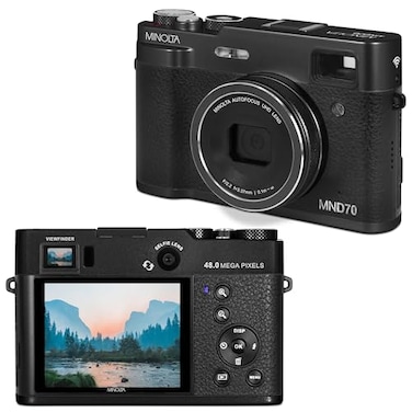 Minolta Retro Digital Camera 48MP Autofocus Compact with 5K Ultra HD Video Rear Selfie Lens 16x Zoom WiFi 28inch LCD Screen Digital Stabilization Optical Viewfinder 32GB Card Black