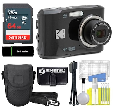 The Imaging World Kodak PIXPRO FZ45 16MP Digital Camera 4X Optical Zoom 27mm Wide Angle 1080P Full HD Video 27 LCD Camera Black 64GB Card and Reader Case Memory Wallet Tripod Cleaning Bundle