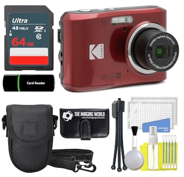 The Imaging World Kodak PIXPRO FZ45 16MP Digital Camera 4X Optical Zoom 27mm Wide Angle 1080P Full HD Video 27 LCD Camera Red 64GB Card and Reader Case Memory Wallet Tripod Cleaning Bundle
