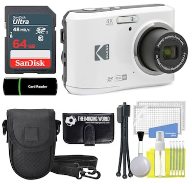 The Imaging World Kodak PIXPRO FZ45 16MP Digital Camera 4X Optical Zoom 27mm Wide Angle 1080P Full HD Video 27 LCD Camera White 64GB Card and Reader Case Memory Wallet Tripod Cleaning Bundle