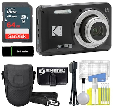 The Imaging World Kodak PIXPRO FZ55 Black 16MP Digital Camera 5X Optical Zoom 28mm Wide Angle 1080P Full HD Video 27 LCD Camera 64GB Card and Reader Case Memory Wallet Tripod Cleaning Bundle