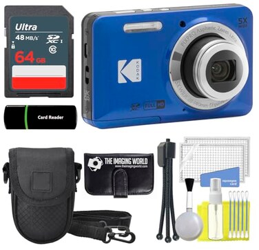 The Imaging World Kodak PIXPRO FZ55 Blue 16MP Digital Camera 5X Optical Zoom 28mm Wide Angle 1080P Full HD Video 27 LCD Camera 64GB Card and Reader Case Memory Wallet Tripod Cleaning Bundle