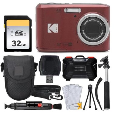 PHOTO4LESS Kodak PIXPRO FZ45 Digital Camera 32GB Memory Card Point and Shoot Camera Case Extendable Monopod Lens Cleaning Pen LCD Screen Protectors Table Top Tripod Ultimate Bundle Red