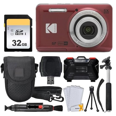 PHOTO4LESS Kodak PIXPRO FZ55 Digital Camera Red 32GB Memory Card Point and Shoot Camera Case Extendable Monopod Lens Cleaning Pen LCD Screen Protectors Table Top Tripod Ultimate Bundle