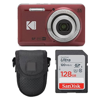 PHOTO4LESS Kodak PIXPRO FZ55 Digital Camera Red Point Shoot Camera Case Sandisk 128GB SDXC Memory Card