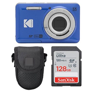 PHOTO4LESS Kodak PIXPRO FZ55 Digital Camera Blue Point Shoot Camera Case Sandisk 128GB SDXC Memory Card