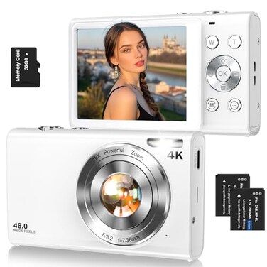 Lecnippy Digital CameraAutofocus 4K Vlogging Camera for Photography with 32GB Card48MP Portable Compact Point and Shoot Digital Camera for Teens Adult Beginner with 16X ZoomAntiShake2 BatteriesWhite