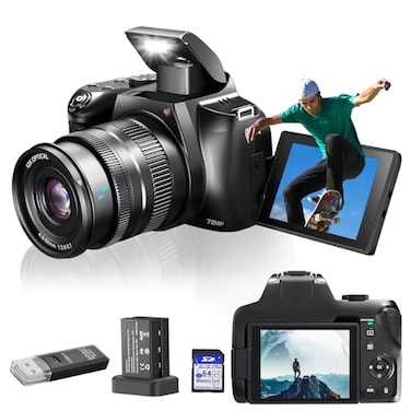 OIEXI 4K Digital Camera for Photography 12X Optical Zoom 72MP Vlogging Camera for YouTube with 3 270 Flip Screen Autofocus Compact Camera with 2 Batteries 64GB SD Card USB Card Reader Charging Stand