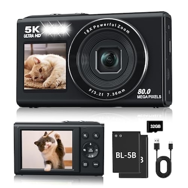 UIKICON 5K Digital Camera Dual Screens Camera with 18X Digital Zoom Compact Vlogging Camera for Teens BeginnerFriendly Gift Pack 32GB Card 2 Batteries Black