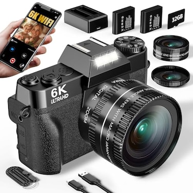 WIKICO 6K Digital Camera for Photography 64MP Vlogging Camera for YouTube with 3 180 Flip Screen 16X Zoom Autofocus Compact Travel Beauty Cameras for Teens with 32GB Micro SD Card