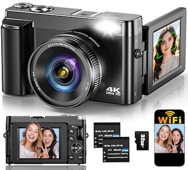 TEFTYMON 4K Digital Camera for Photography Autofocus Upgraded 64MP WiFi Vlogging Camera for YouTube with 3 180 Flip Screen 16X Zoom Compact Travel Cameras for Beginners with 32GB Card 2 Batteries Blac