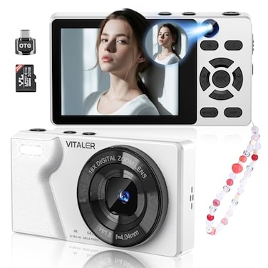 Vitaler Digital Camera with Front Rear Lens Autofocus 64MP 4K Camera for Photography with 32GB Card Portable Compact Point and Shoot Camera for Teens Adult Beginner with Metal Shell 2000mAh Battery