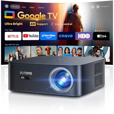 PUTRIMS Ultra BrightGoogle TV4K Support SmartProjector with WiFi 6 and Bluetooth Builtin Apps Outdoor Movie Proyector 1080P Home Theater Auto Focus Projector K12 Gray Standard