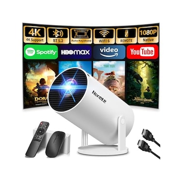 Nonete 2026 Upgraded Mini Projector Support 4K 1080P FHD Auto Keystone 270 Rotatable with WiFi 6 and Bluetooth 52 Projector Portable Compatibile with HDMITV StickMemory StickLaptopWhite