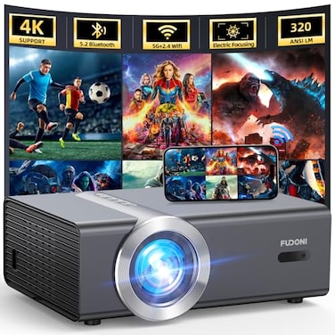 FUDONI Electric FocusAuto Keystone Projector with WiFi and Bluetooth Native 1080P 4K Supported Outdoor Movie Projector for Home Theater UP to 300 for iOSAndroidLaptopTV StickHDMIUSB