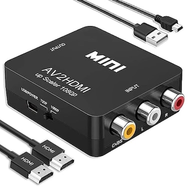 Chodwe RCA to HDMI Converter 1080P Mini RCA Composite CVBS AV to HDMI Video Audio Converter Adapter Supports PALNTSC for N64 Wii PS2 PS3 Xbox VHS VCR Camera DVD with HDMI Cable