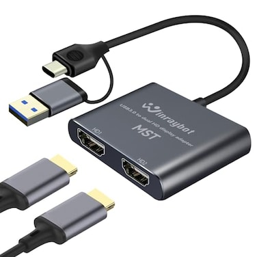 WinRaybot USB to Dual HDMI Adapter 1080P60Hz 2 Port HDMI Splitter Extended Display for PC Dual Monitor Adapter for Laptop USBC to Two HD Converter with Driver Support MacWindows